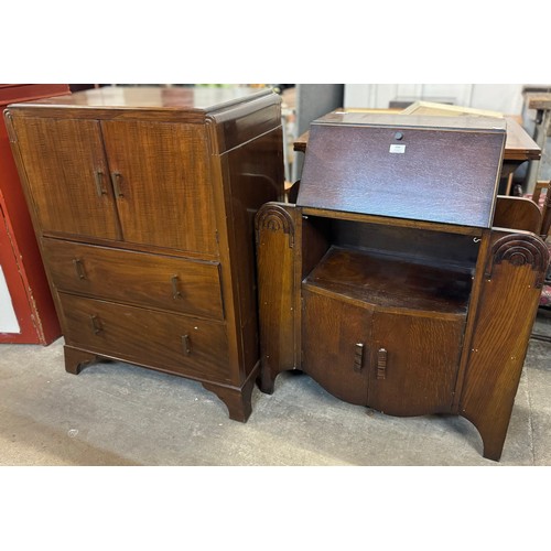 224 - A small Art Deco oak side by side bureau bookcase and a tallboy