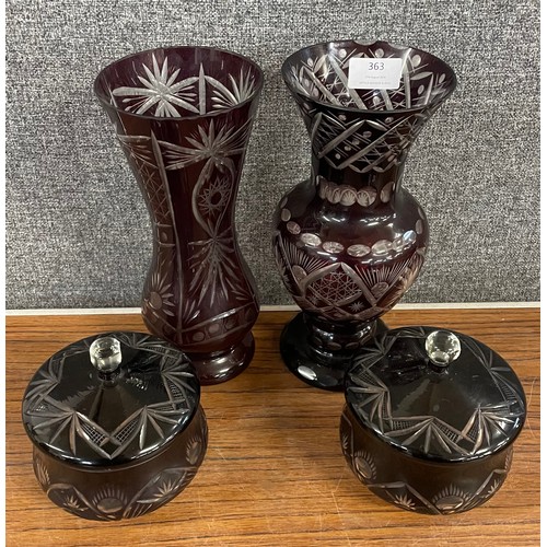 363 - Two Bohemian cut cased ruby glass vases and a pair of pot pourri pots and covers