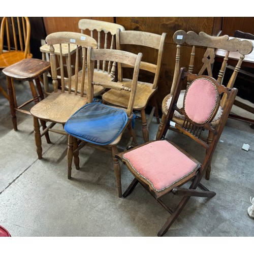 245 - Five assorted Victorian elm and beech farmhouse kitchen chairs, an Edward VII folding chair and two ... 