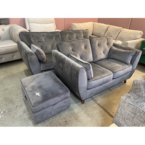 1485 - A grey Hoxton velvet three seater and two seater sofa and footstool - brand new RRP £1578