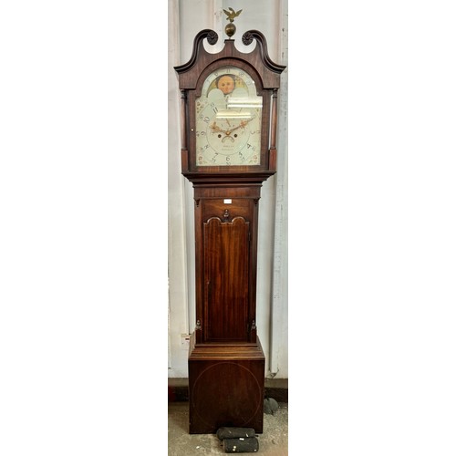 129 - A George IV inlaid mahogany longcase clock, the painted moon phase rolling dial signed Hallam, Notti... 