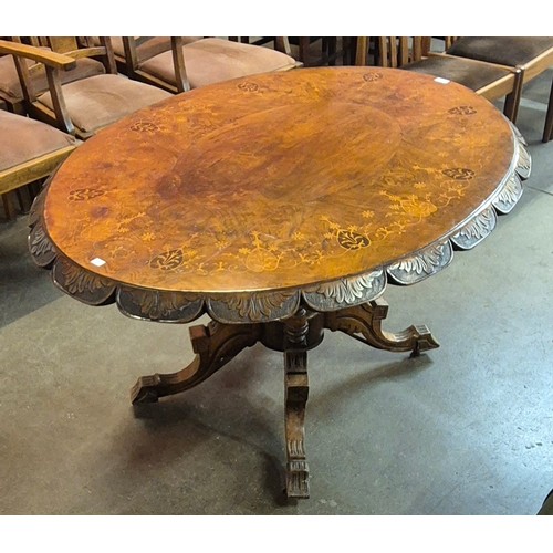 116 - A Victorian inlaid bur walnut oval tilt top loo table