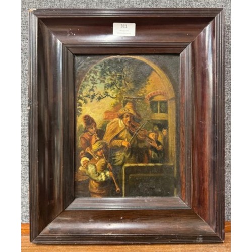 295 - After Christian Wilhelm Ernst Dietrich, The Strolling Musicians, oil on board, dated 1810  framed