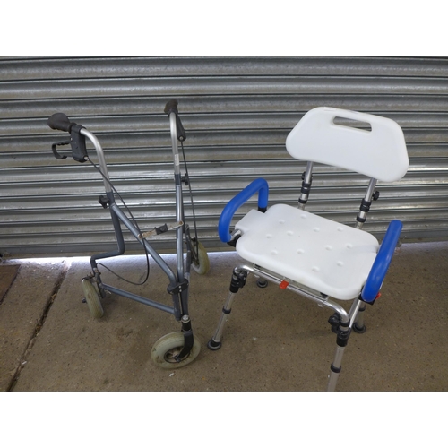 2233 - A three wheeled mobility walking frame and shower stool