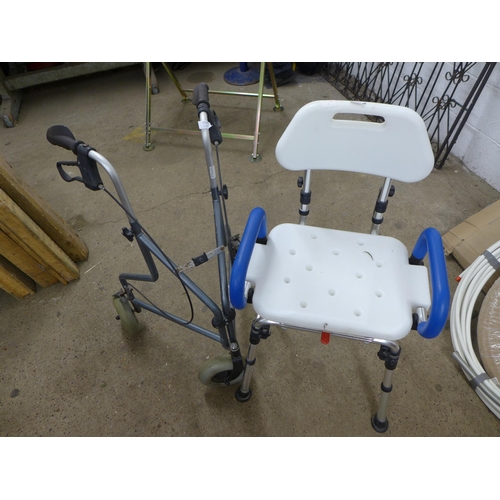 2233 - A three wheeled mobility walking frame and shower stool