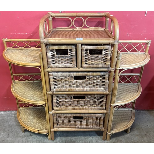 54 - A bamboo and rattan chest of drawers and two corner whatnots