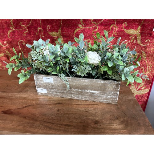 1347 - A display of white roses and leaves in a rustic wooden box - W 42cms (63087505)