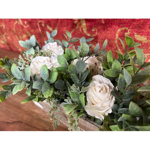 1347 - A display of white roses and leaves in a rustic wooden box - W 42cms (63087505)