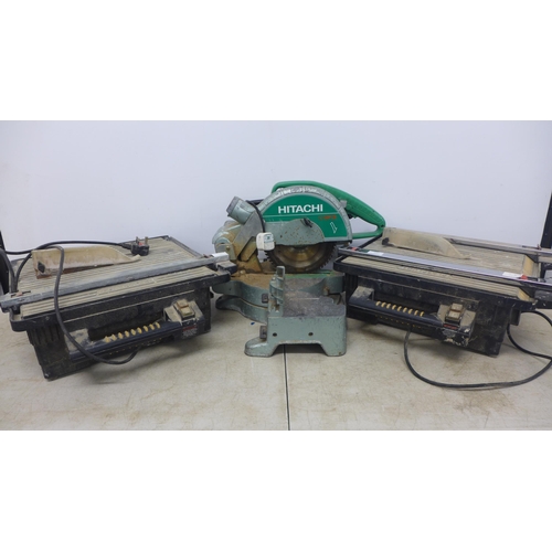 2001 - A Hitachi C10FCB, 230V power saw and 2 Plasplugs Contractor Plus 230v 500w tile cutters