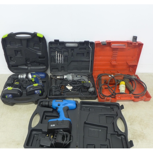 2017 - A quantity of cased power tools including a Hilti TE1, 110V, hammer drill, a Challenge Xtreme CDI218... 