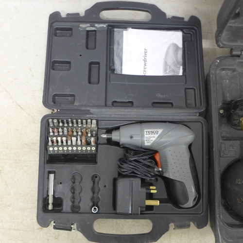 2018 - A Tesco SD482G mini drill, a WorkX WX14DD, 14.4V drill with battery and charger in case and a quanti... 