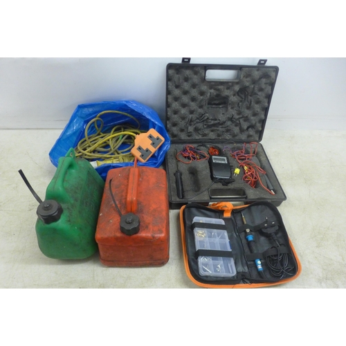 2034 - An Etepon 220V soldering iron, 2 plastic petrol cans and a KM 451 temperature tester