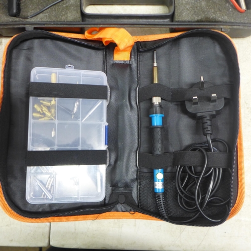 2034 - An Etepon 220V soldering iron, 2 plastic petrol cans and a KM 451 temperature tester