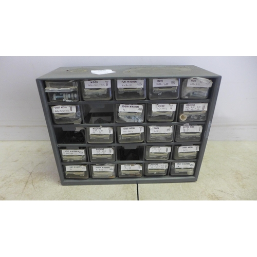 2038 - A 25 compartment organiser with a large quantity of various screws and bolts etc.