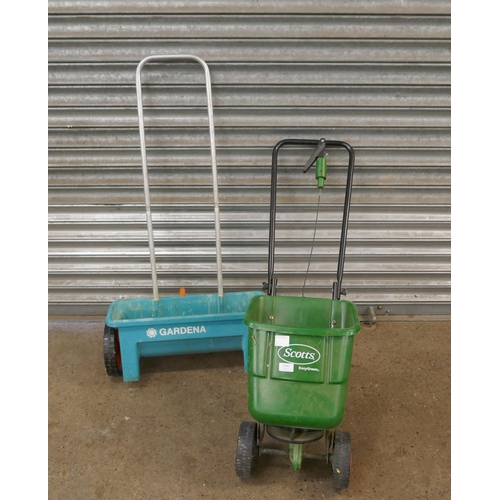 2144 - 2 seed spreader trollies including Scotts Easy-Green and Gardena