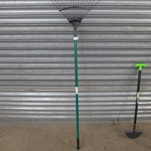 2152 - A Faithful lawn rake, Draper lawn edger, Kent and Stowe hoe and one other hoe