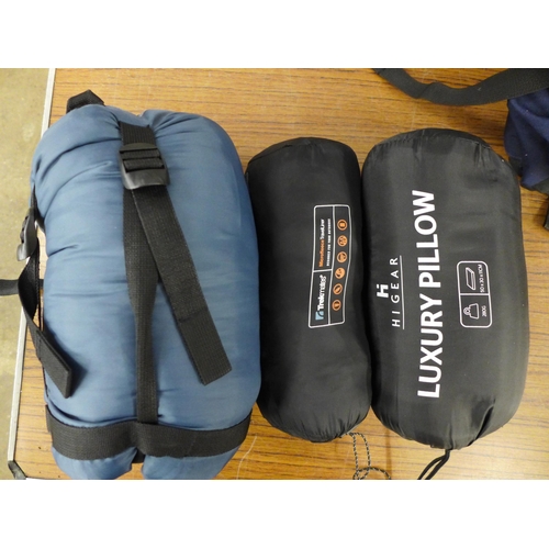 2230 - A quantity of camping gear including 3 ruck sacks (1 x 65L, 1 x 60L and one other), a sleeping bag, ... 