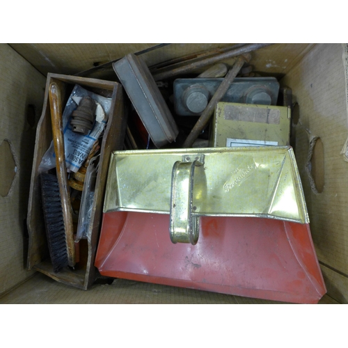 2289 - 3 boxes of assorted vintage hand tools and other DIY related items including a Fiskars W52 weed pull... 