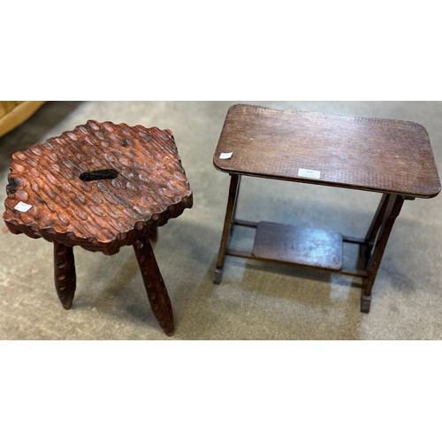 147 - An Arts and Crafts oak stool and a pine spinning stool