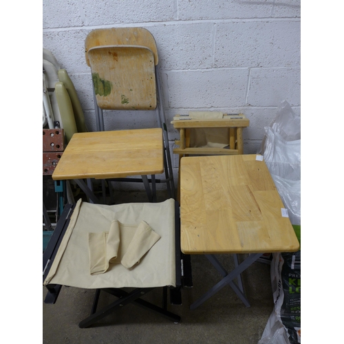 2105 - 2 folding directors chairs, 2 folding tables and a bar stool