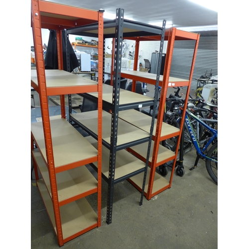 2120 - 3 boltless racking bays including two red 180cm x 90 x 40cm 5 shelf bays and a black 183 x 91 x 46cm... 