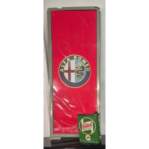 346 - An Alfa Romeo plastic advertising signs and a Castrol oil can