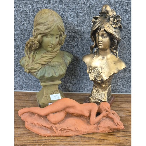 348 - Two Art Nouveau style female busts, one plaster, one spelter and a figure of a reclining female nude