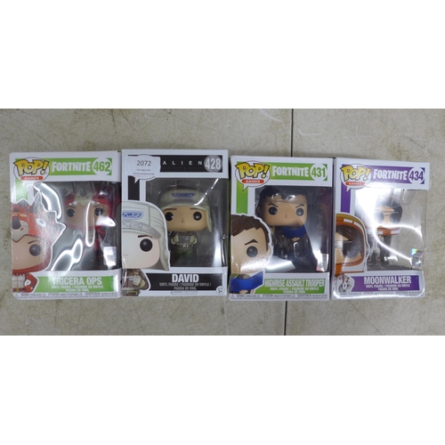 2072 - Four boxed Funko Pop collectible vinyl figures - Fortnite Tricera Ops 462, Fortnite Moonwalker 434, ... 