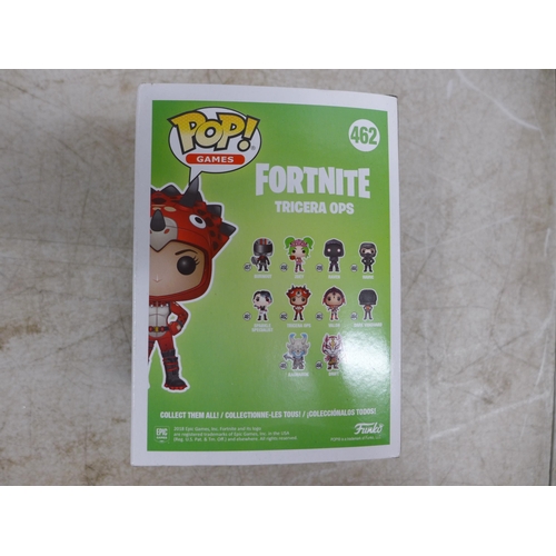 2072 - Four boxed Funko Pop collectible vinyl figures - Fortnite Tricera Ops 462, Fortnite Moonwalker 434, ... 