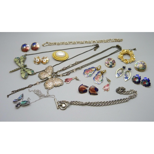 1002 - A collection of jewellery including cloisonne and a dragonfly necklace