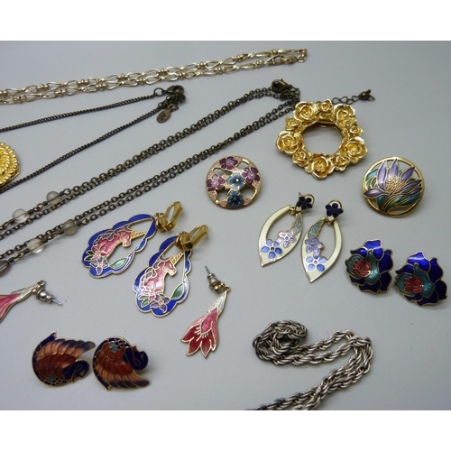 1002 - A collection of jewellery including cloisonne and a dragonfly necklace