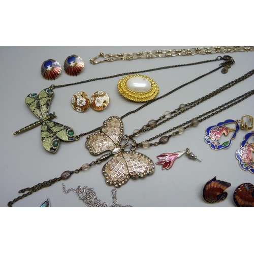 1002 - A collection of jewellery including cloisonne and a dragonfly necklace