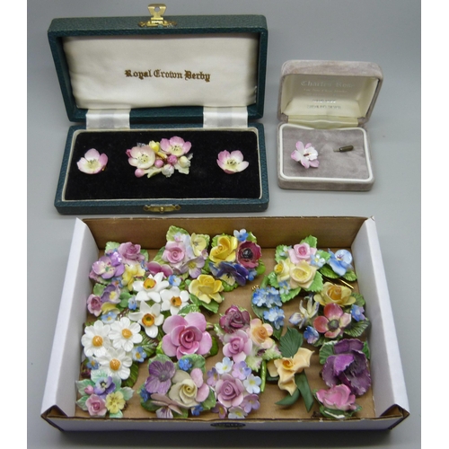 1016 - Fine bone china brooches, earrings including Royal Crown Derby, Crown Staffordshire, Aynsley, Adderl... 