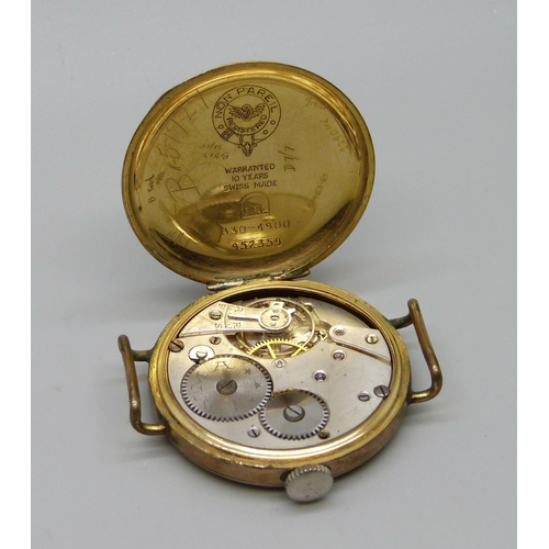 1031 - A Cyma gold plated trench type wristwatch, 32mm case, lacking glass, case back worn and scratched