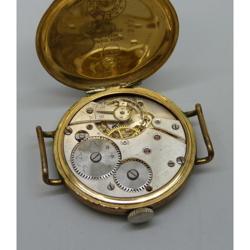 1031 - A Cyma gold plated trench type wristwatch, 32mm case, lacking glass, case back worn and scratched