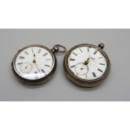 1033 - Two silver pocket watches including one Benson lacking glass