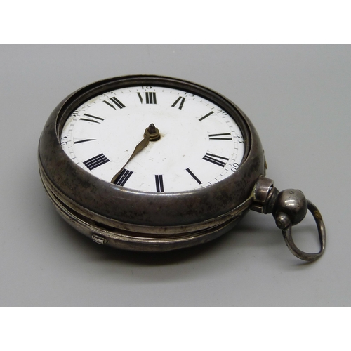 1036 - A silver pair cased verge pocket watch, Thomas Martin, London 1825, lacking glass