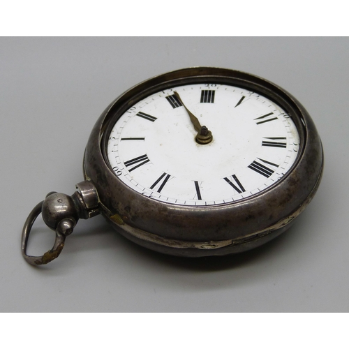 1036 - A silver pair cased verge pocket watch, Thomas Martin, London 1825, lacking glass