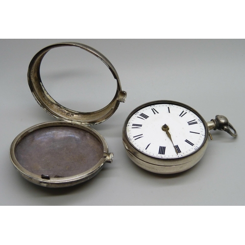 1036 - A silver pair cased verge pocket watch, Thomas Martin, London 1825, lacking glass