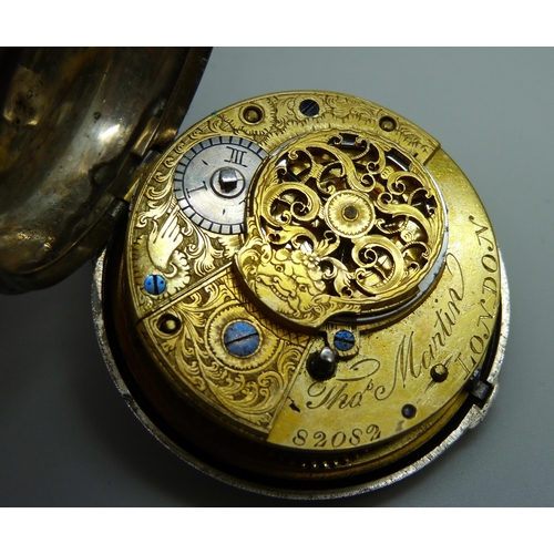 1036 - A silver pair cased verge pocket watch, Thomas Martin, London 1825, lacking glass