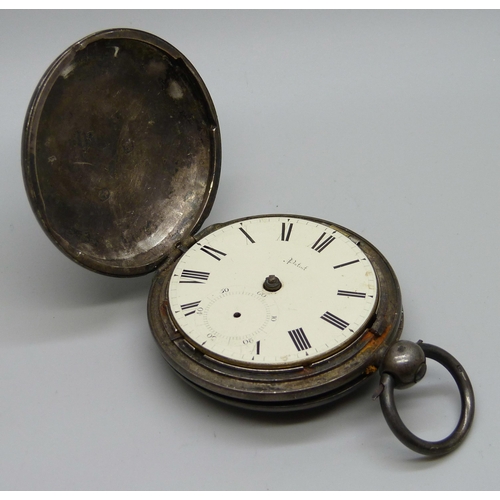 1037 - A silver cased full-hunter chain drive pocket watch with diamond end stone, by Butt of Coleford, (Gl... 