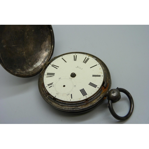 1037 - A silver cased full-hunter chain drive pocket watch with diamond end stone, by Butt of Coleford, (Gl... 