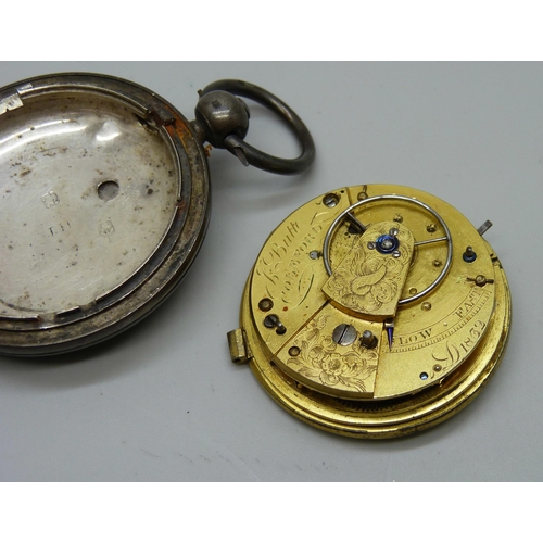 1037 - A silver cased full-hunter chain drive pocket watch with diamond end stone, by Butt of Coleford, (Gl... 