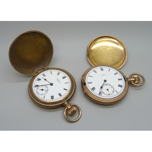 1038 - Two gold plated full-hunter pocket watches, Waltham and Elgin, both lacking glass, Elgin a/f