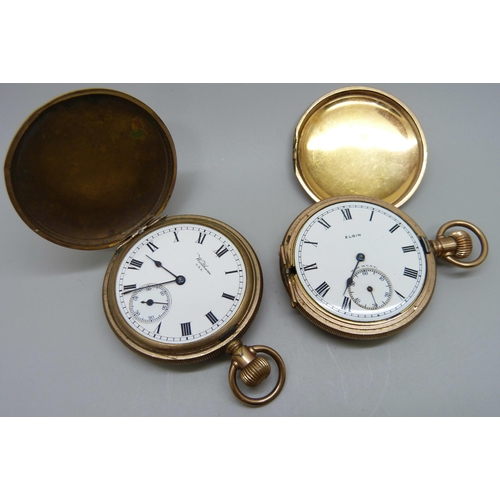 1038 - Two gold plated full-hunter pocket watches, Waltham and Elgin, both lacking glass, Elgin a/f