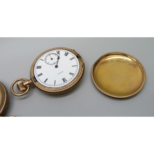 1038 - Two gold plated full-hunter pocket watches, Waltham and Elgin, both lacking glass, Elgin a/f