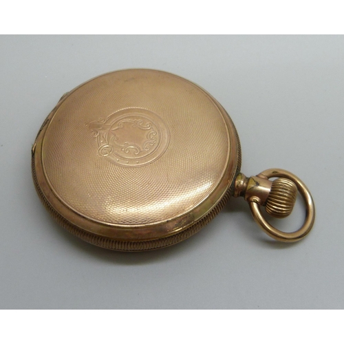 1038 - Two gold plated full-hunter pocket watches, Waltham and Elgin, both lacking glass, Elgin a/f