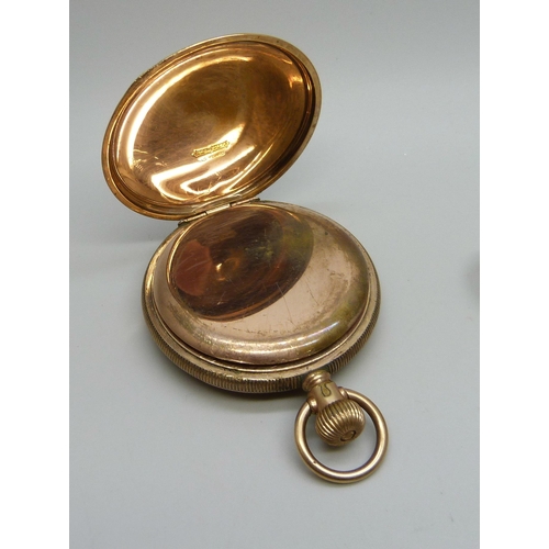 1038 - Two gold plated full-hunter pocket watches, Waltham and Elgin, both lacking glass, Elgin a/f