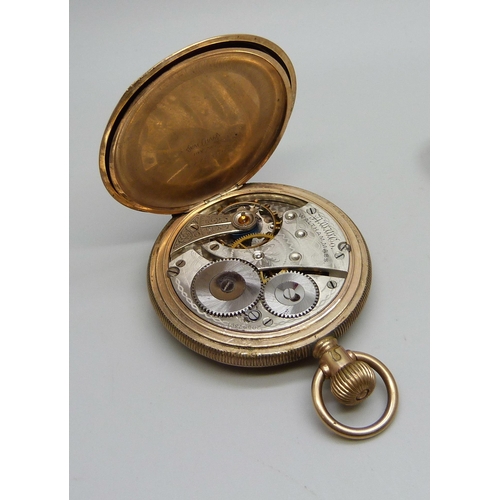 1038 - Two gold plated full-hunter pocket watches, Waltham and Elgin, both lacking glass, Elgin a/f