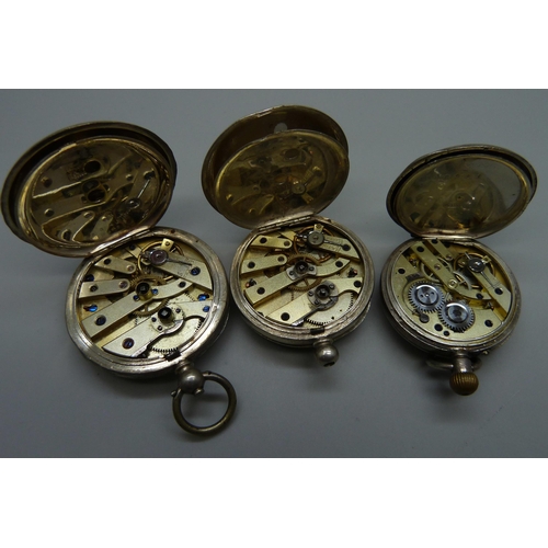 1042 - Three silver fob watches